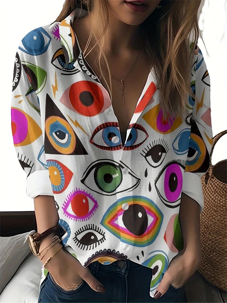 

Spring And Summer Women's Large Size Lapel Shirt Abstract Pattern Printed Shirt Daily Casual Long Sleeve Shirt Fashion Women's