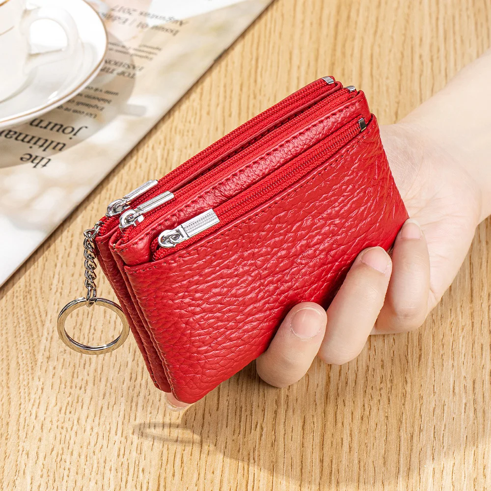 Image of Damen-Geldbörse aus echtem Leder, minimalistische Geldbörse mit drei Reißverschlüssen, großes Fassungsvermögen, mehrere Taschen, Münzfach, lässige Handtasche