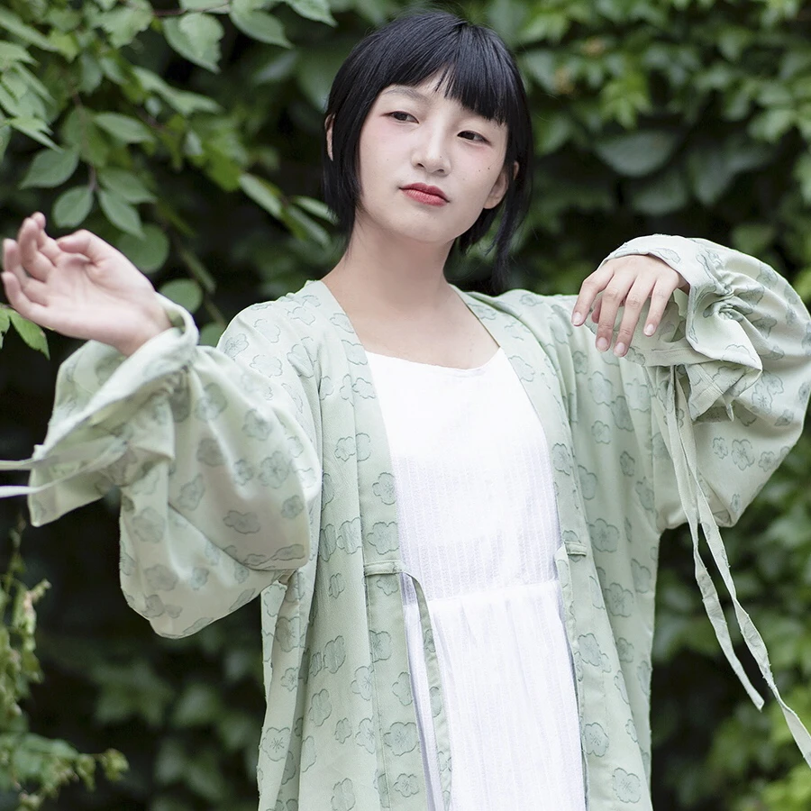 

Original Design Kimono Sle Dstring Top Hanfu Fairy Cut Flower Sve Chiffon Belted Summer Long Sve Midi Straight Cut