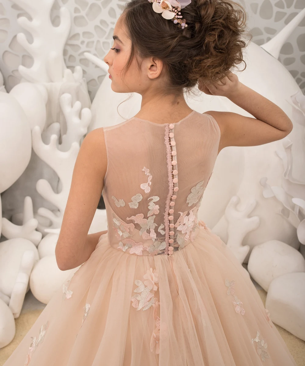 فستان فتاة الزهور مخصص لحفلات الزفاف من التول منتفخ مزين بطول الأرض أنيق للأطفال لحفلات أعياد الميلاد الأولى