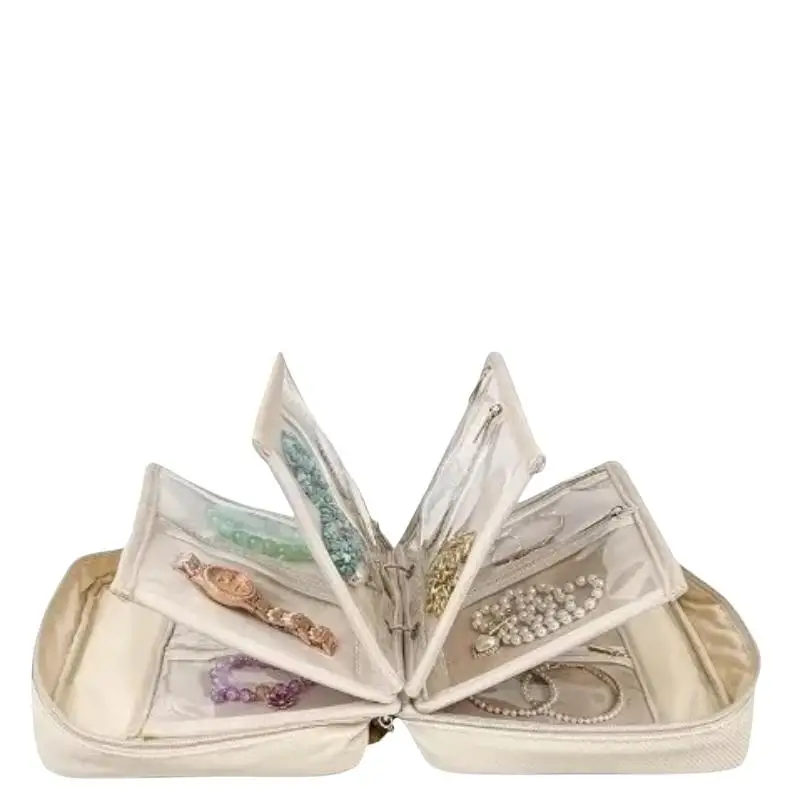 Tragbarer Schmuck-Organizer mit abnehmbaren Klarsichttaschen, ideal für Reisen, zur Aufbewahrung von Halsketten, Ohrringen und Armbändern. – Detail 5