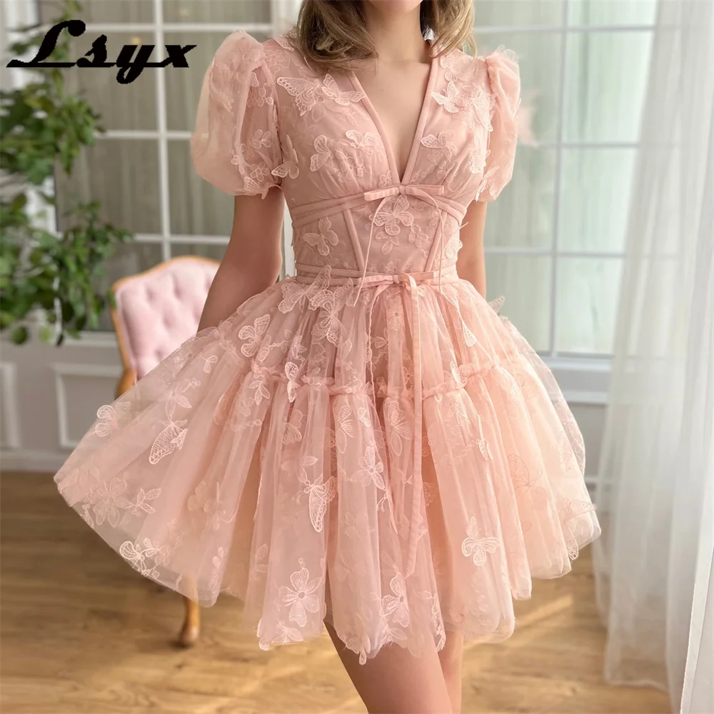 LSYX Above Knee Short Sleeves Butterflies Homecoming Dresses 2024 Tulle V Neck A Line Mini Length Princess Prom Gown