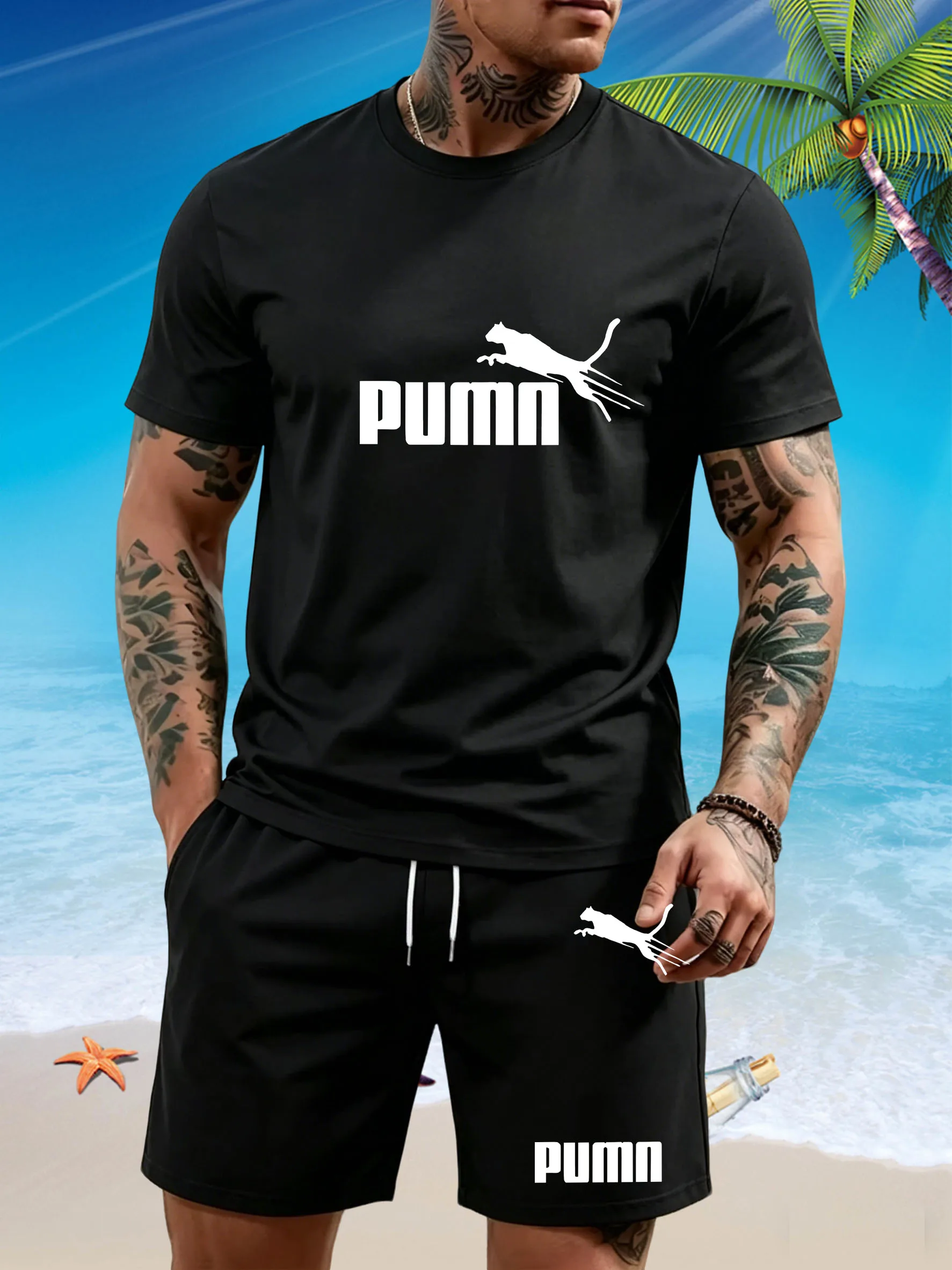 Men's quick-drying running T-shirt pants set, with a round neckline and elastic fabric. Suitable for both sports and casual wear