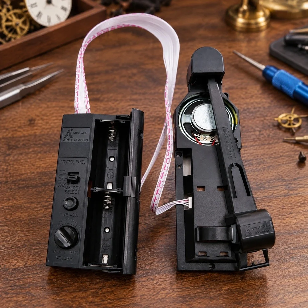 Wall Clock Replacement Movement with Pendulum Support and Music Box Module for Hourly Chime Without External Wiring