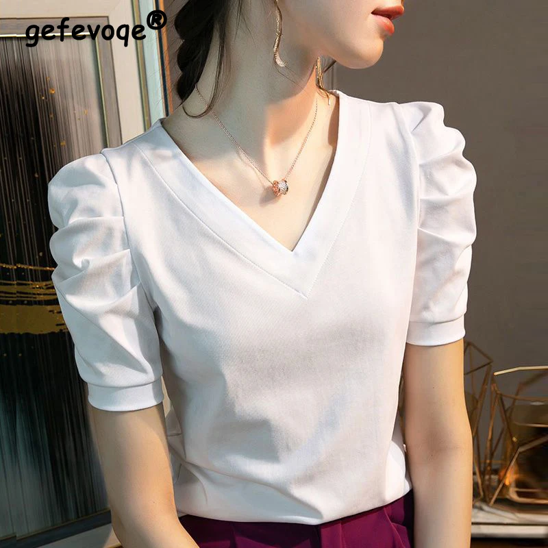 2023 Women\'s Summer Cotton Short Sleeve All Match T-shirts Y2K Chic Basic Tees Fashion Elegant Solid Color V Neck Slim Tops Ropa