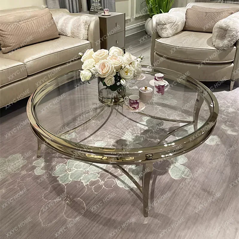 JJJJStainless Steel Living Room Modern Simple Tempered Glass Round Coffee Table