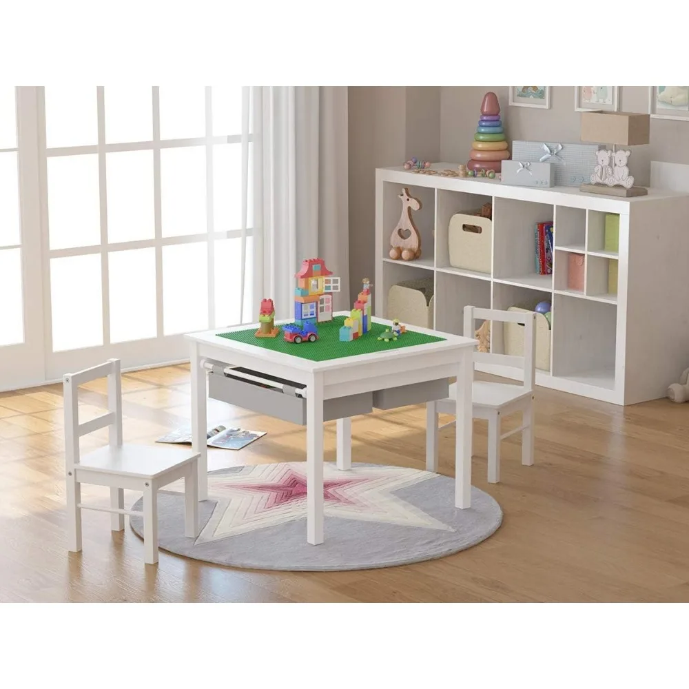 Wooden 2 in 1 Kids Construction Play Table and 2 Chairs Set with Storage Drawers