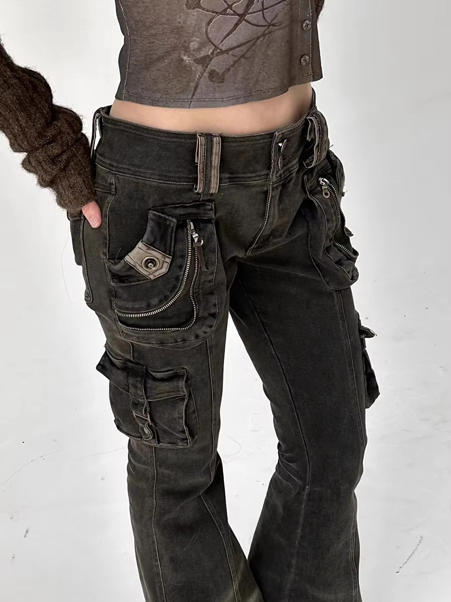 REDDACHiC Dual-Button Low Rise Women Cargo Pants Grunge Zipper Decor Pockets Do Old Whiskers Flare Jeans Grayu Y2k Streetwear