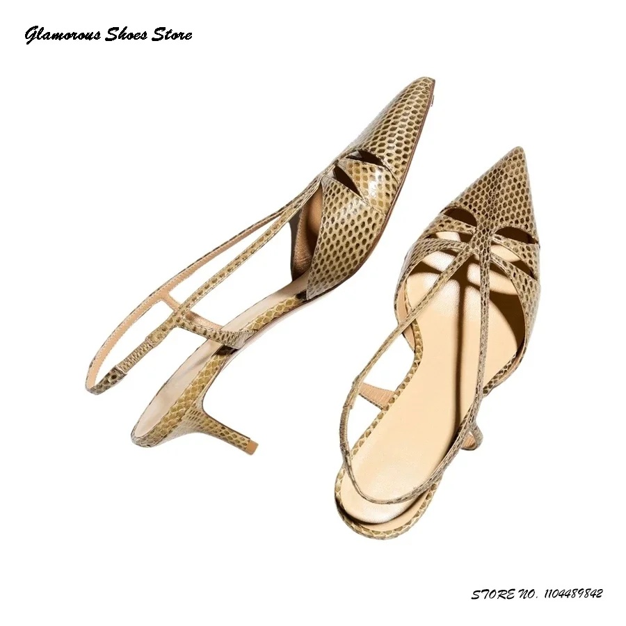 

Snakeskin-print Slingback Leather Pumps Sexy Pointed Toe Kitten Heel Slingback Sandals Summer Hollow Pull On Trendy Party Shoes