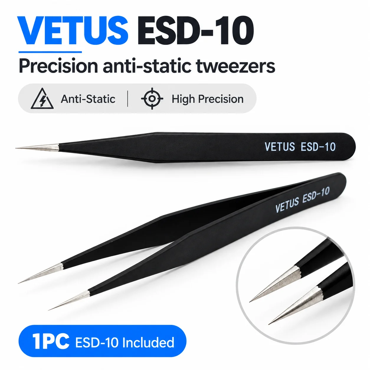VETUS ESD-10 Präzisions-ESD-Pinzette Antistatisch Feine Spitze Edelstahl für PCB SMD Elektronik-Lötarbeiten und Reparaturen – Detail 1