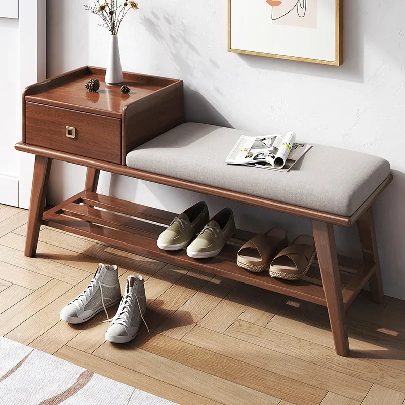 Solid Wood Drawer Shoe Cupboard  Household Door Frame Integration Sitting Stool with Walnut Foot Stool Long Storage Bench