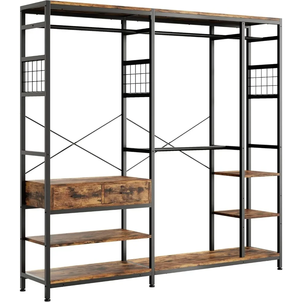 

Closet Organizer and Storage Shelves, Heavy Duty Clothes Rack with 2 Wooden Drawers, L Shaped Coat Rack Corner Closet System