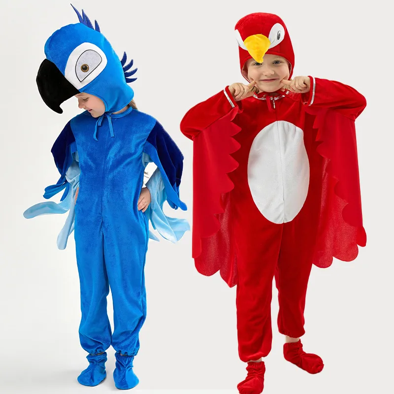 Kids Parrot Costume in Red & Blue, Velvet Animal Dress for Stage Performance - Image 5