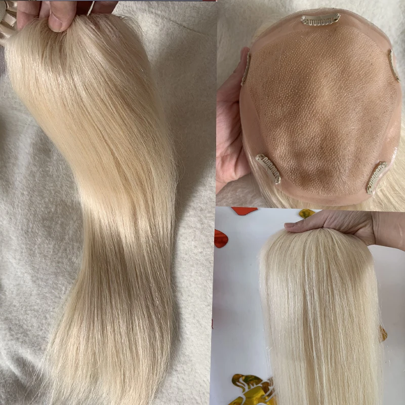 16x18cm blond 100% Remy z ludzkimi włosami blond środkowa część ludzkiego kawałki włosów dla kobiet z do rzadkich włosów klipsem w topperach