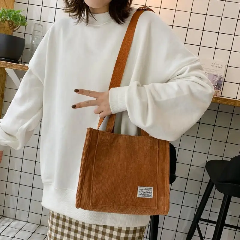 Bolso de hombro de pana con cremallera para mujer, bolso de compras informal, bolso cruzado ecológico para mujer, bolsos de mensajero Vintage, bolso