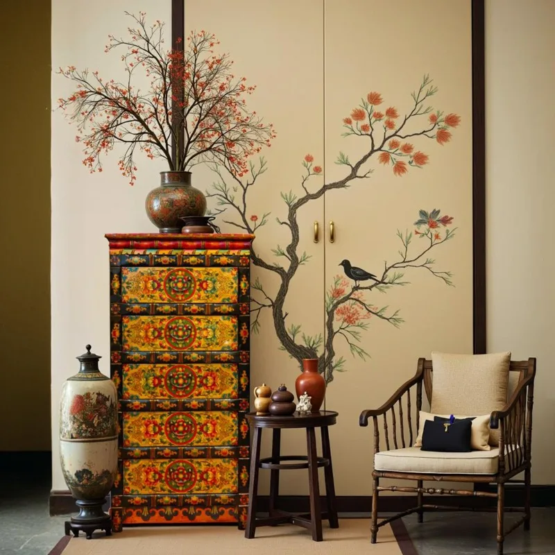 خزائن زاوية قديمة على الطراز الصيني، وصناديق من الخيزران المرسومة يدويًا، وخزائن تخزين خشبية