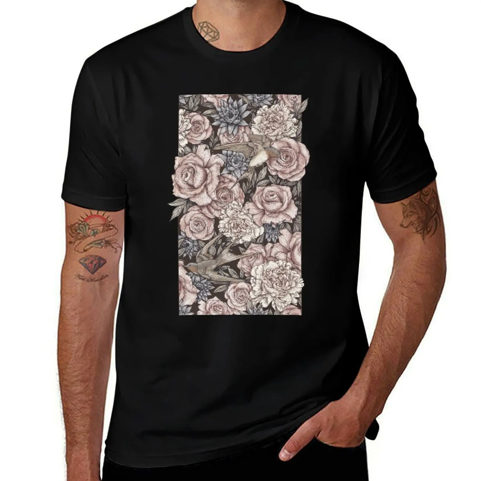Flowers & Swallows T-Shirt Summer Fashion Casual Tee Shirt T-Shirt