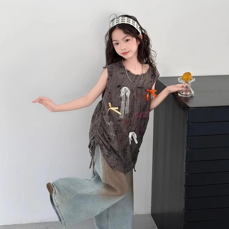 

2025 Summer Individualistic Design Solid Color Heavyweight Loose Denim Ripped High-Quality Vest