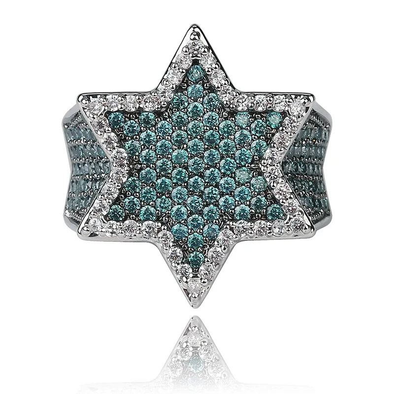 Mint Green AAA Cubic Zirconia Bling Ice Out Jewish Star of David Hexagram Rings for Men Hip Hop Rapper Jewelry Gold Color