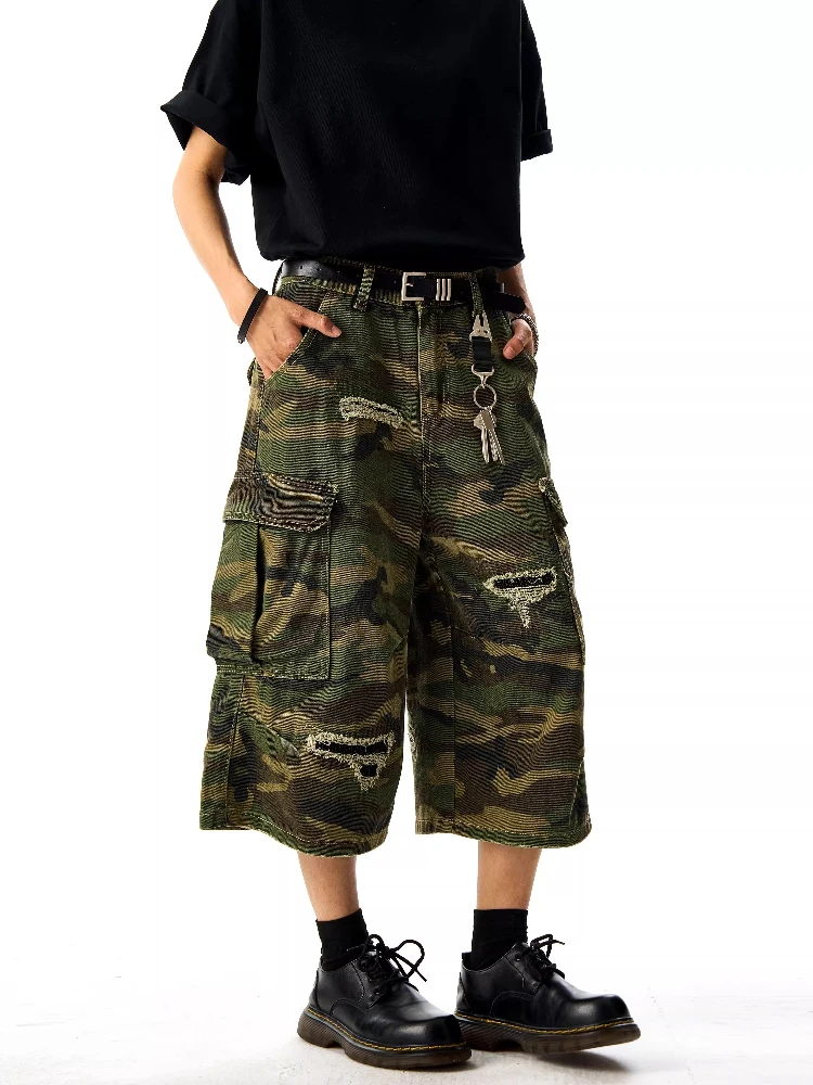 Retro americano Waed camuflaje siete pies hombres destruidos sueltos pierna ancha orts ropa Casual tendencia juvenil Jeans ropa de trabajo