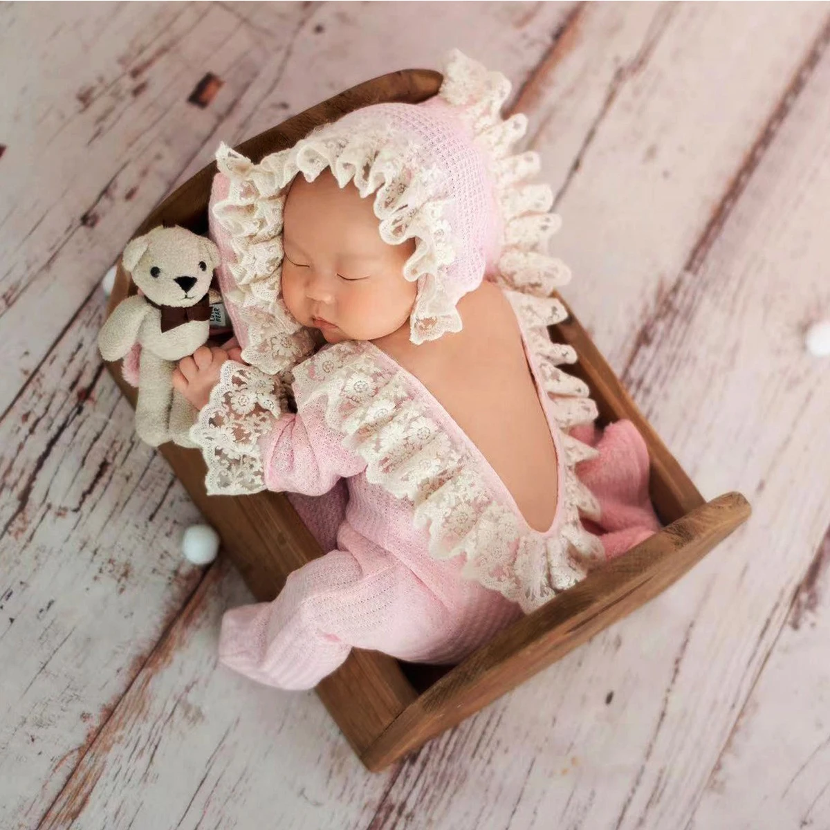 3 Pieces Set Newborn Girl Outfits for Photo Shooting Baby Girl Lace Jumpsuit with Hat and Pillow Set Infant Photography Outfits