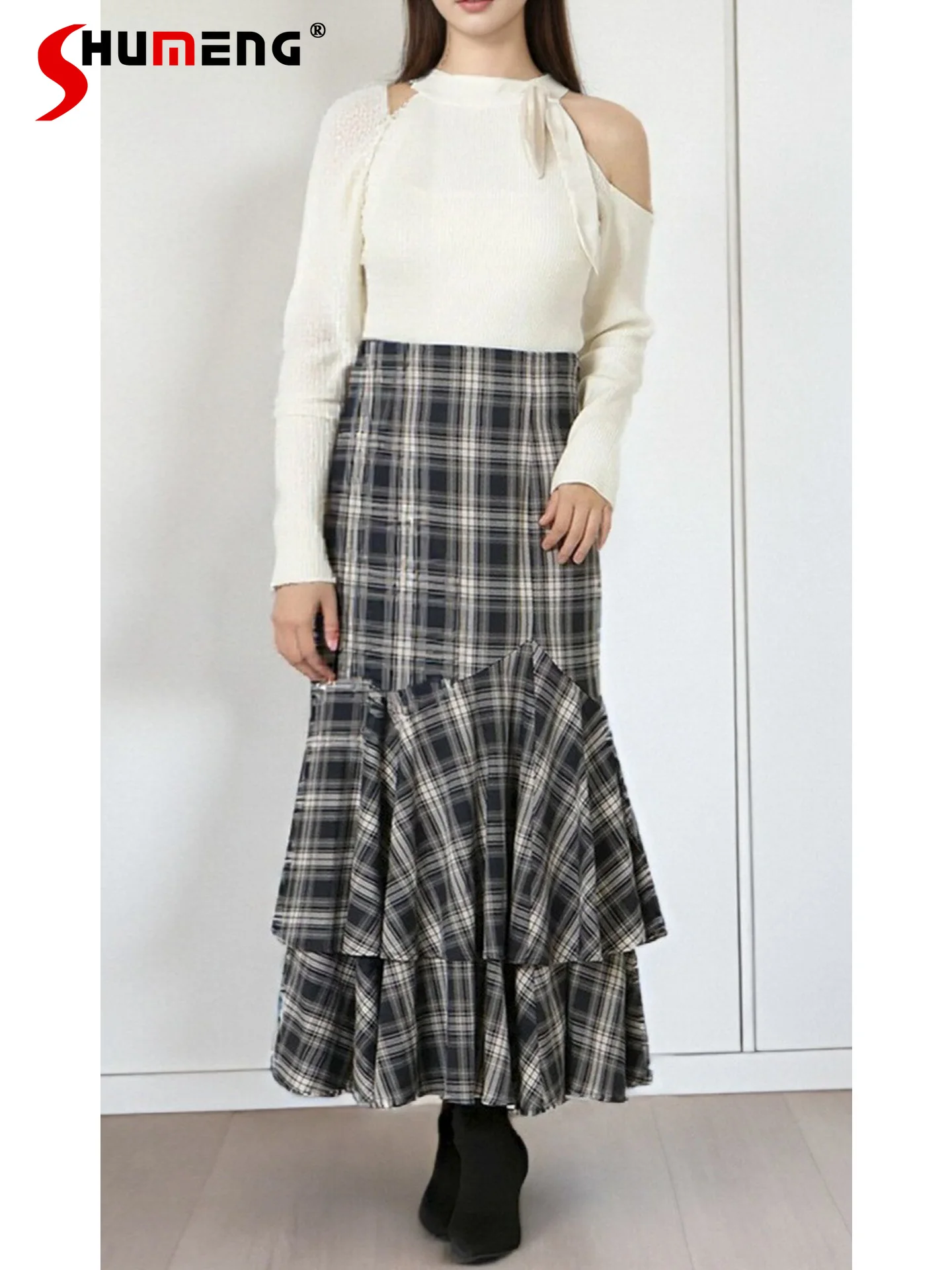 

Japanese Style Elegant Retro High Waist Bodycon Fishtail Skirts Versatile Ruffled Patchwork Plaid Long Skirt for Women Autumn