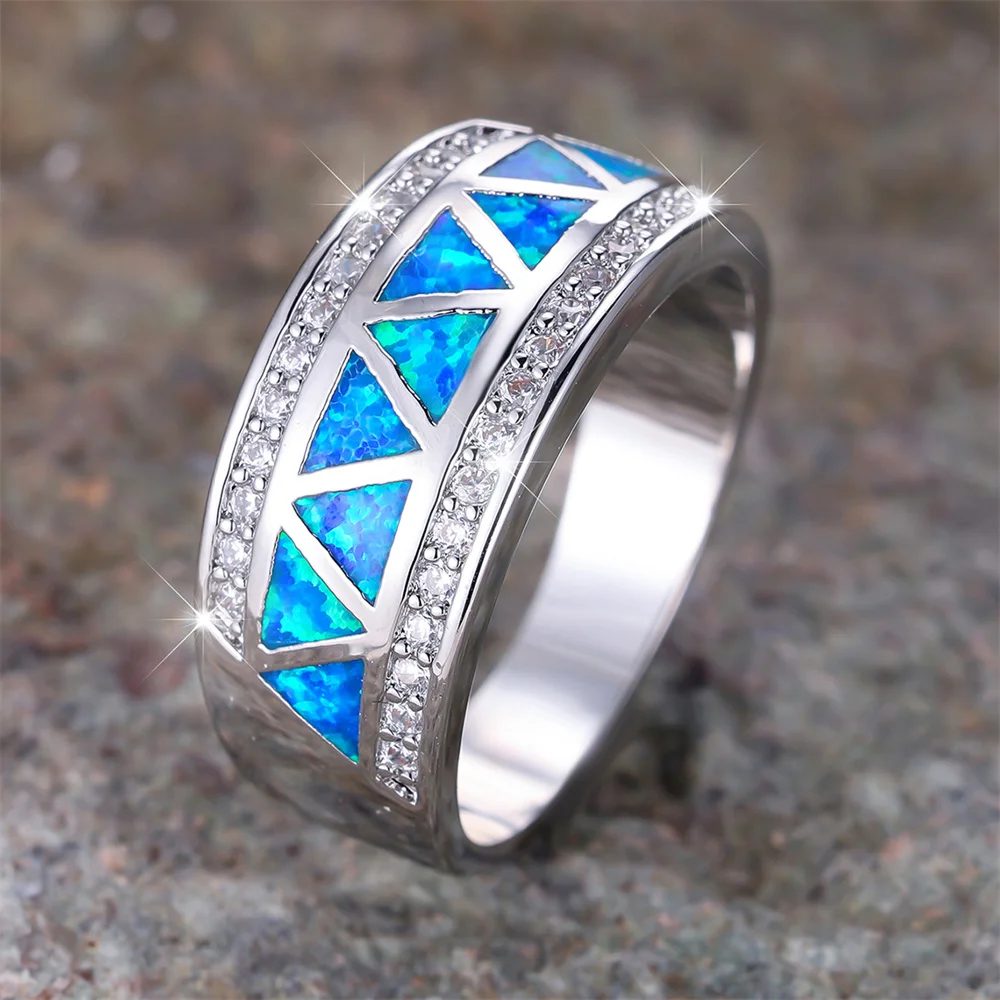 Blue Fire Opal Triangle Stone Rings Luxury Crystal Small Round Zircon Wedding Bands For Women Trendy Silver Color Bridal Jewelry