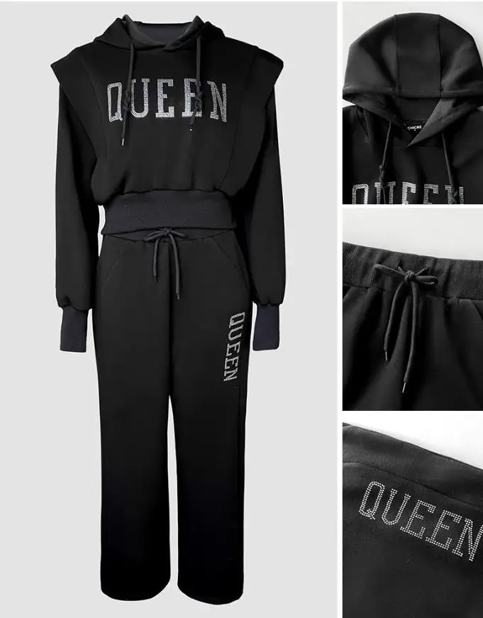 

Брюки, комплект из двух предметов, 3D-дизайн, укороченная толстовка с капюшоном на шнурке, топ и широкие спортивные штаны на шнурке, комплект повседневного толстовки со стразами