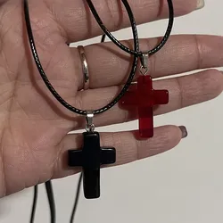 Vintage Gothic Black Rope Red Cross Pendant Necklace for Couple Jewelry Aesthetic Accessories