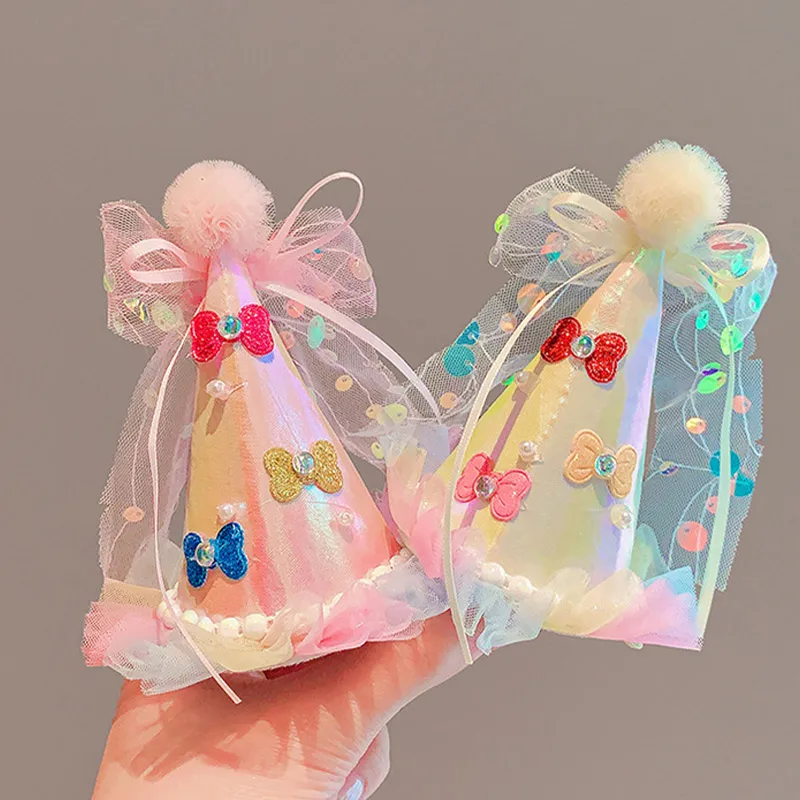 

Children Birthday Party Hat Baby Girl Hair Clips Sweet Mesh Bow Hairpins Cap Pearl Plush Ball Barrettes Kids Headwear Photo Prop