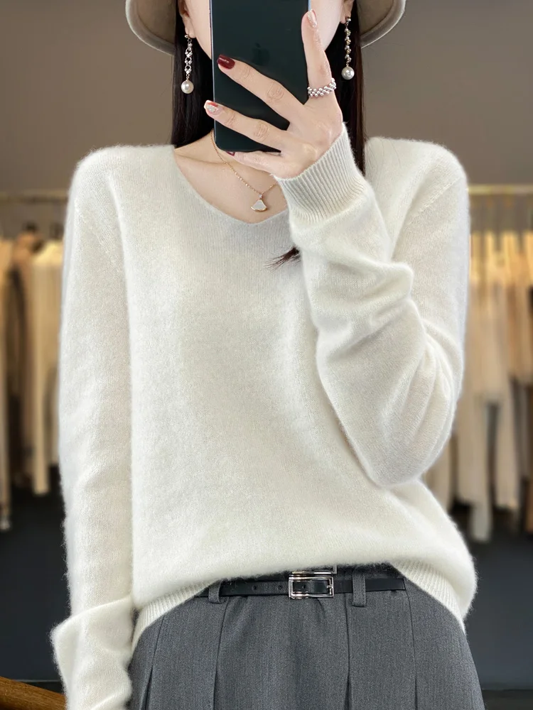 Women V-neck 100% Merino Wool Pullover Sweater Knitwear Basic Casual Comfort Elegant Cashmere Sweater Female Clothing Tops