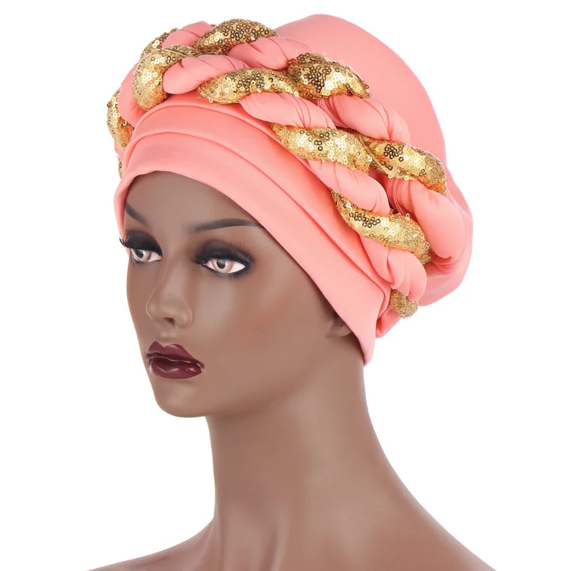 KepaHoo Women Headtie Gele Turban Cap African Head Wrap Cap Auto Gele Nigerian Turban Sequins Headties Bonnet Wedding Hijab