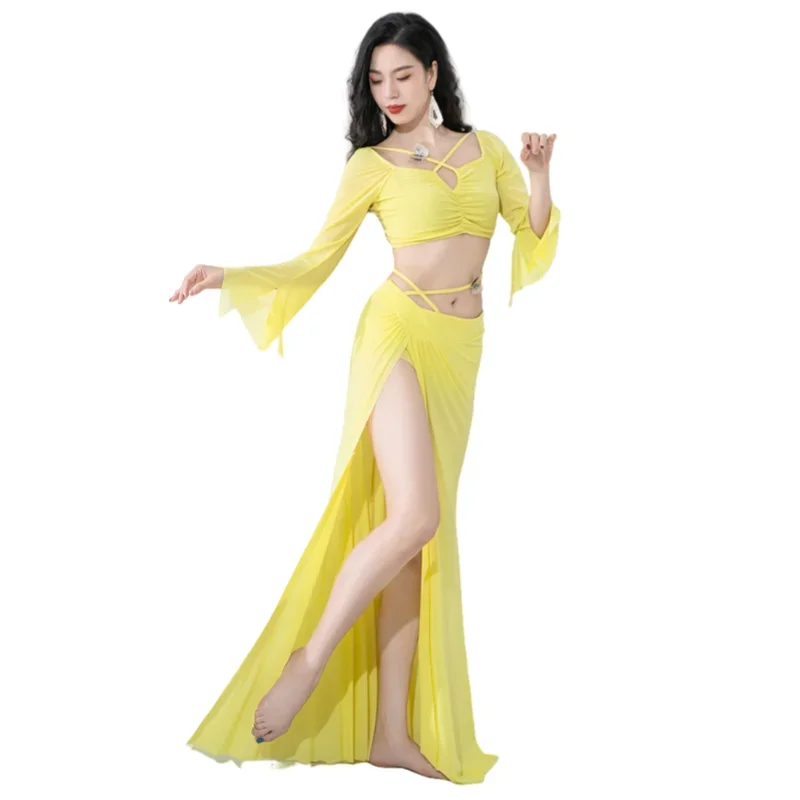 Vestidos de baile sexys para adultos y mujeres, Ropa de baile de gasa de hilo de agua, ropa de escenario de manga larga de 2 piezas, ropa de espectáculo de competición de danza del vientre