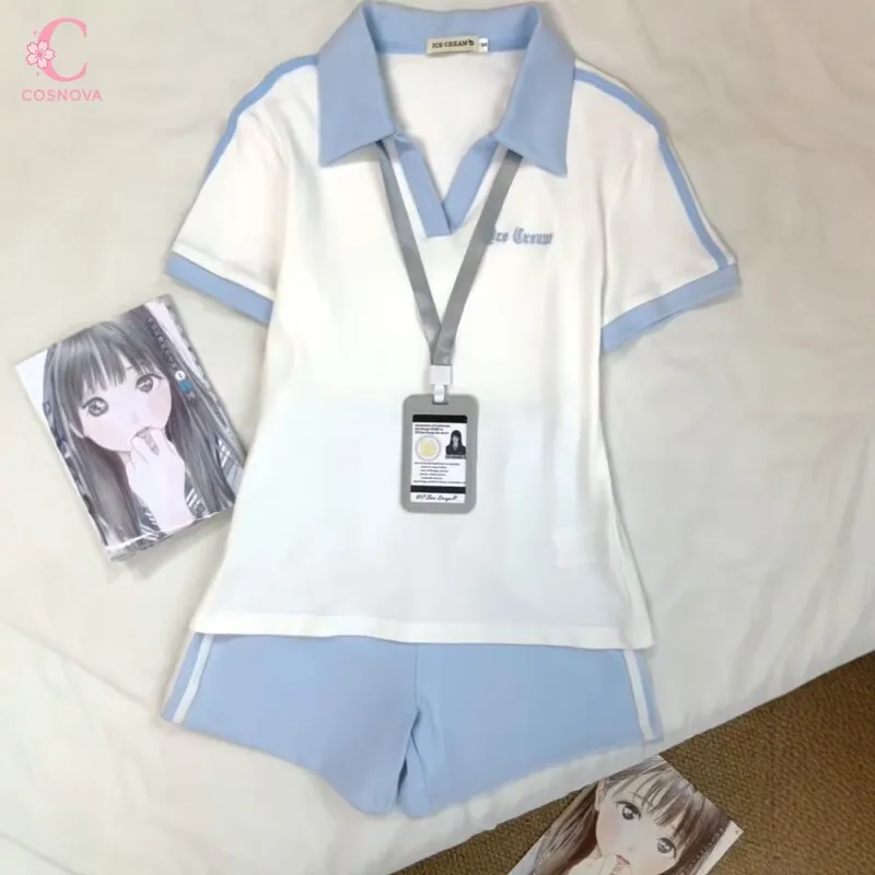 Conjunto de Camiseta Polo Estilo Academia Japonesa para Mujer, Azul Claro con Ribete Blanco en Contraste, Shorts, Estilo Kawaii Harajuku Y2K, Atuendo Chic Retro