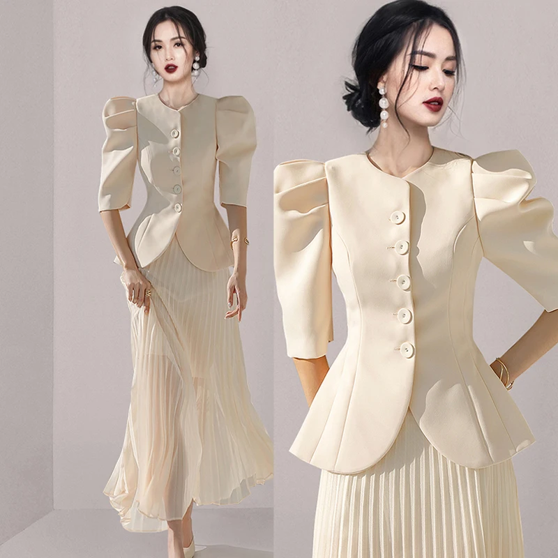 Summer Office Women\'s Skirt Set Ladies Slim Puff Sleeve Blazer Jacket Pleated Skirt Two Piece Set Korean Clothing Outfit