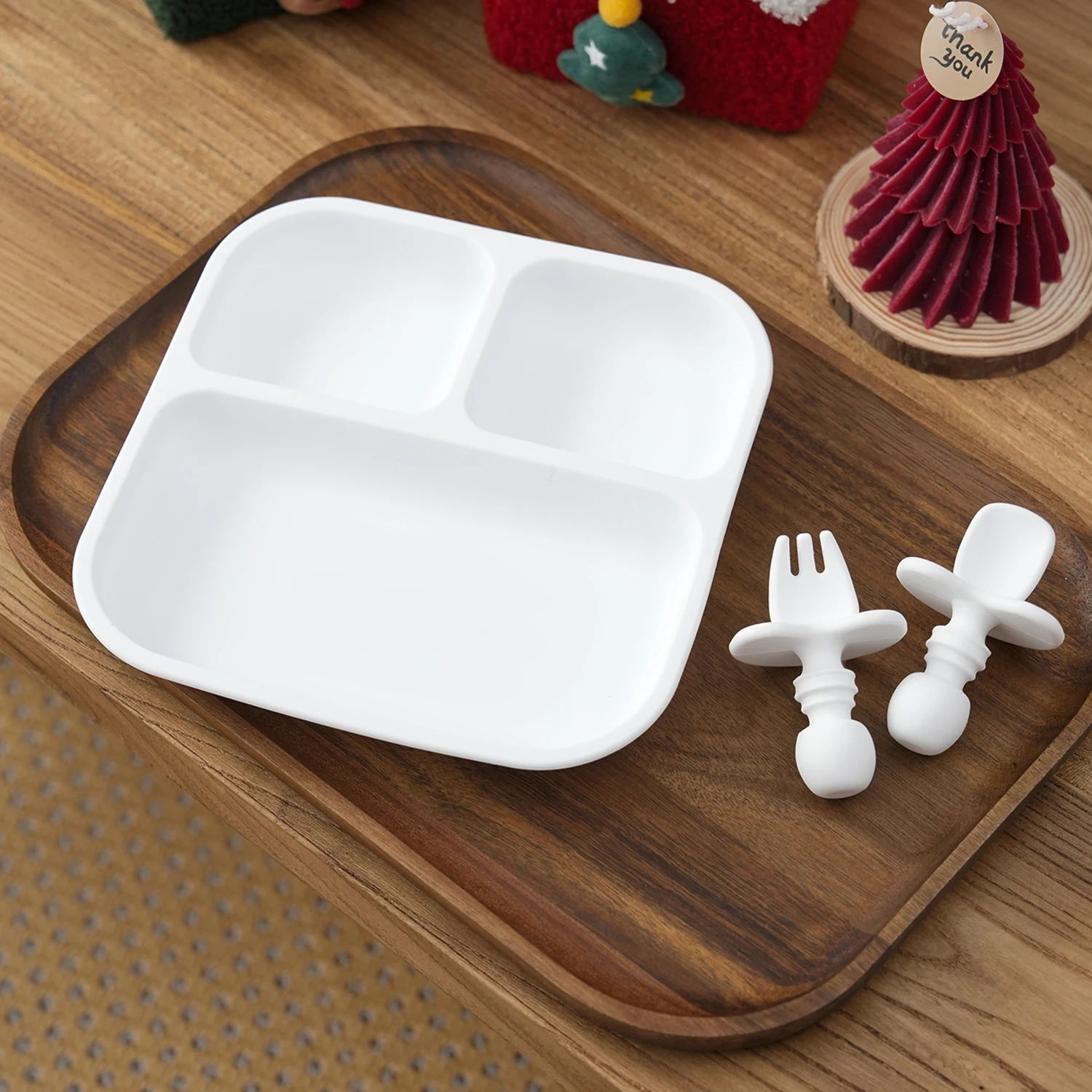 3PCS BPA 프리 실리콘 아기 식기 세트 사각 흡착 접시 훈련용 포크 스푼 이유식 식기 어린이 크리스마스 선물