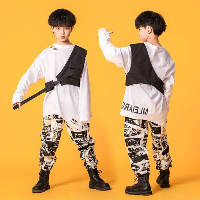 Oversized Long Sleeve T Shirt One Shouler Top Streetwear Harajuku Jogger Pants Kid Hip Hop Clothing Dance Costume