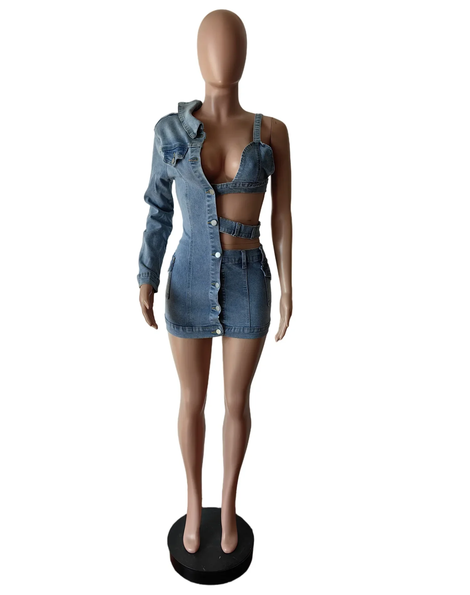 Damen Sommer Neue Mode Aushöhlen Denim Kleid, Off-the-schulter Einzigen Ärmel Stretch Mode Unregelmäßigen Denim Kurzes Kleid