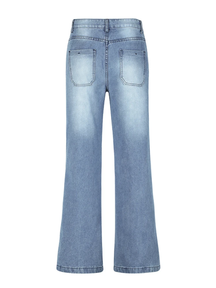 Jeans largas de cintura alta para mulheres, calça cheia azul vintage, streetwear casual, calça reta, calça desleixada