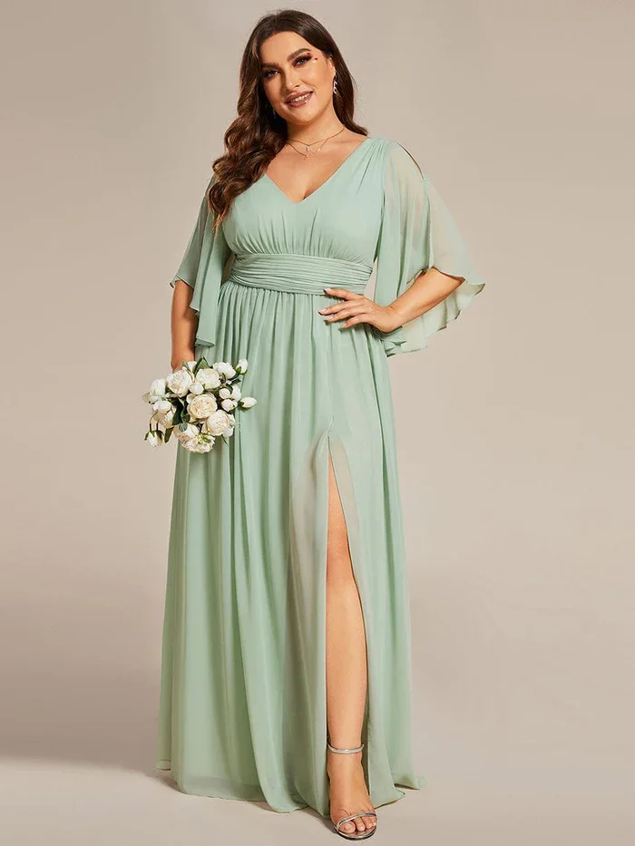 Ever Pretty Woman\'S Sexiness Sage Green V Neck Pleated Belt High Slit Chiffon Bridesmaid Dresses