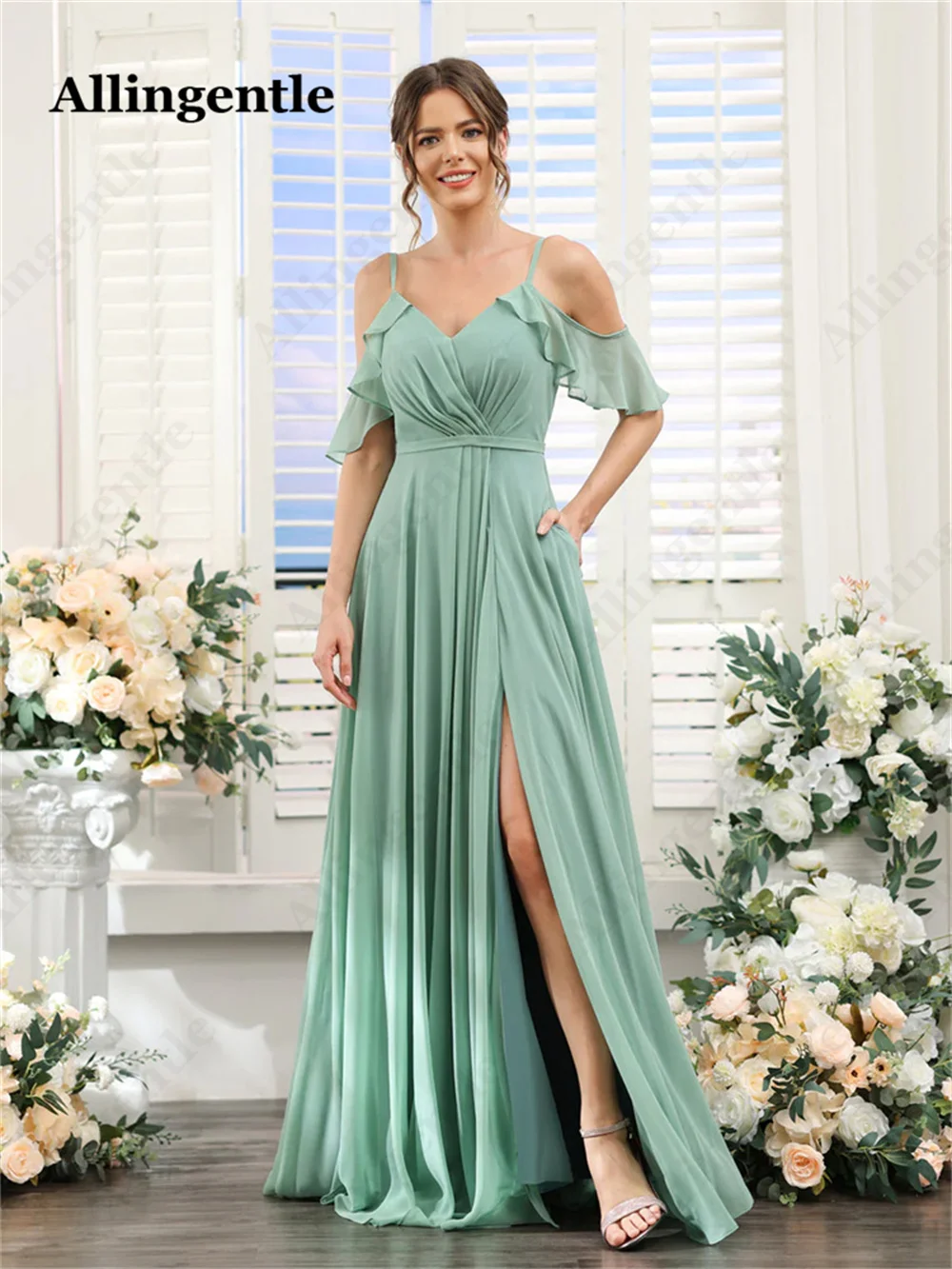 Allingentle A-Line V-Neck Spaghetti Strap Elegant Evening Dress Maxi Dress Split Side Chiffon Bridesmaid Gowns Prom Dress Custom