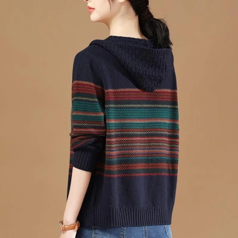 Women\'s Hooded Collar Patchwork Sweater Loose Striped New Spring and Autumn Zipper Long Sleeve Casual Knitted Cardigan Coat