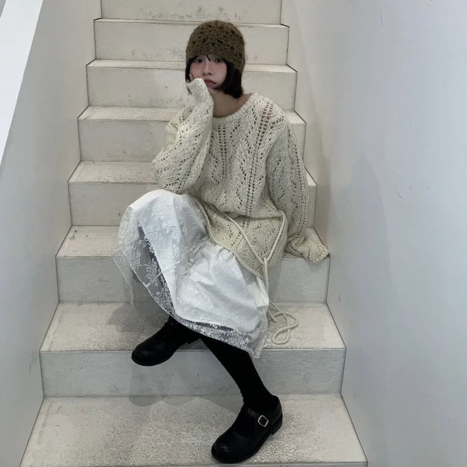 甘い透かし編みのロングニットセーター、ベルト付き、ゆったりとした通勤スタイル、女性用ラウンドネック、ロング丈、カラーニットトップス