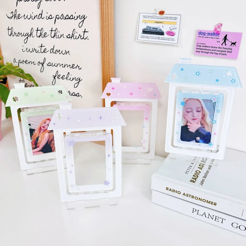 Kawaii Ins Desktop Standing 3inch Rotating Photo Card Holder Cute Star House Idol Photocard Stand Holder Stationery