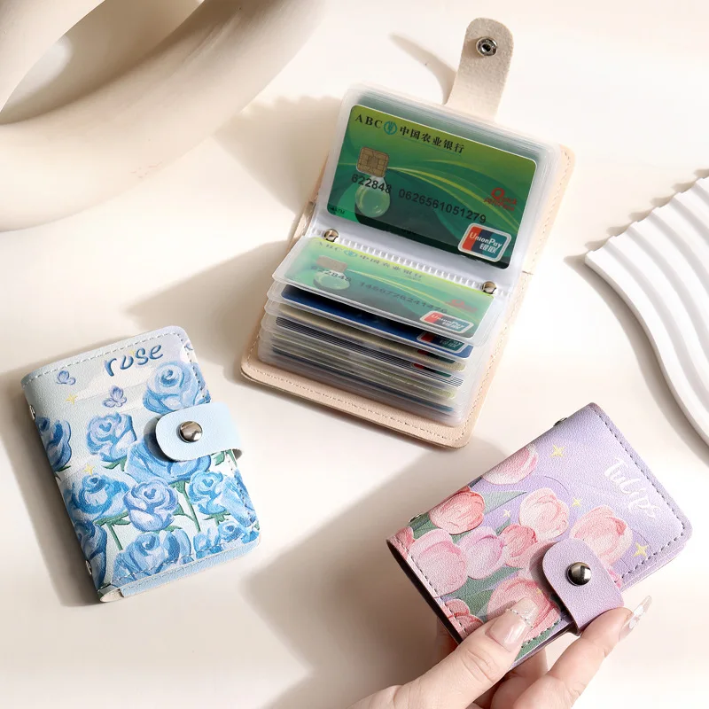 Retro Oil Painting Flower Card Holder Female Personalized Minority Large Capacity Multi-Card-Slot Card Holder Ultra-Thin Compact