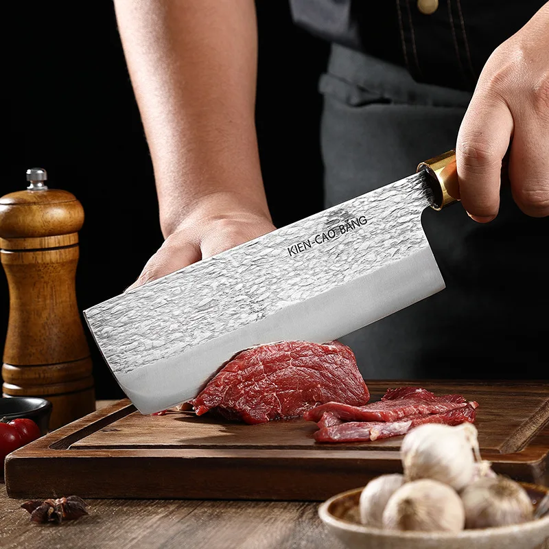 RHON 7inch Forged Hammer Cleaver Knife Japanese Chef's Kitchen Nakiri Slicing Vegetable Utility Cutting Knives Wooden Handle