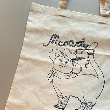 Meowdy 카우보이 고양이 여성용 대용량 숄더백, 빈티지 보호 캔버스 쇼퍼백, 카우걸 카우보이 귀여운 그래픽 레트로 백, 1 개 