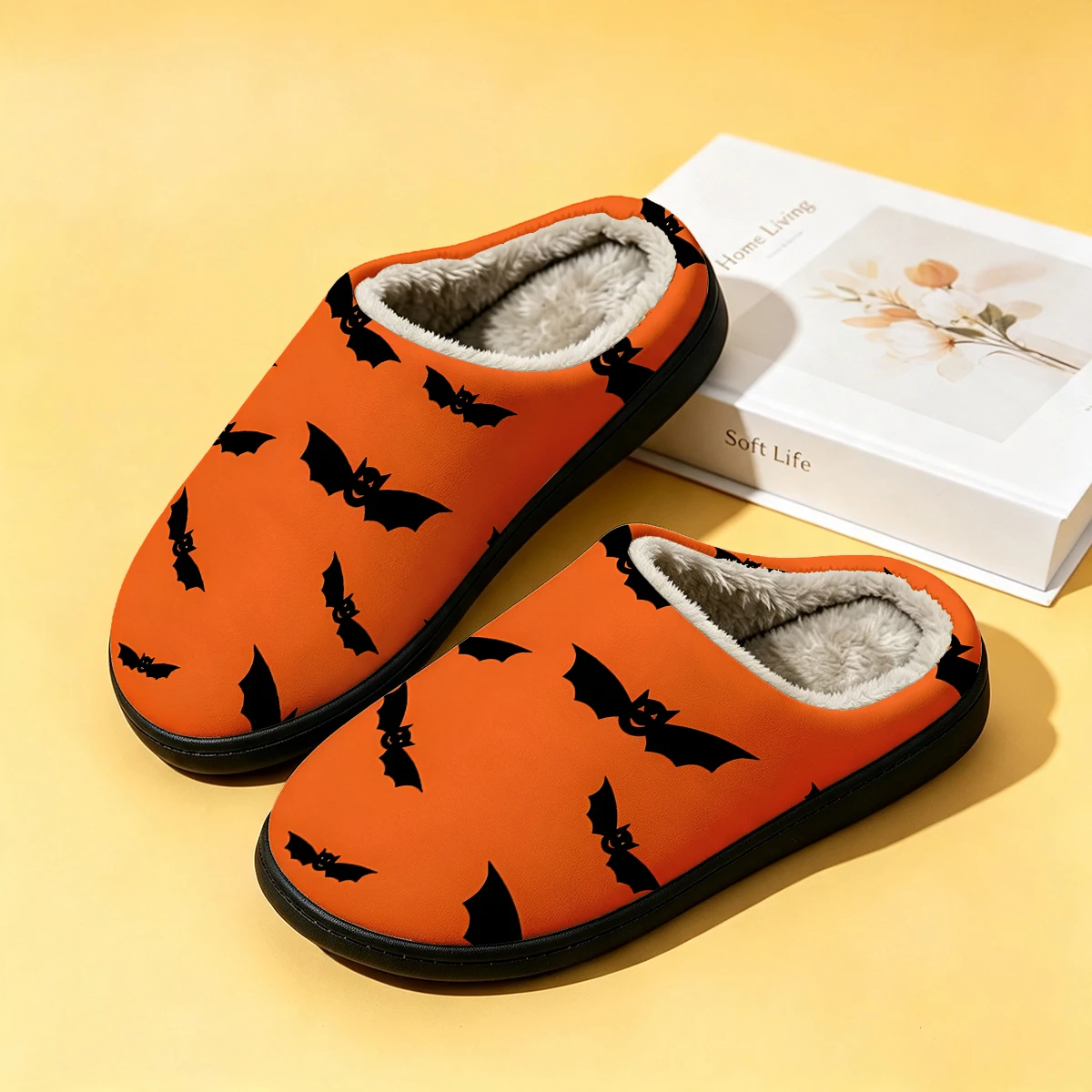 Men Shoes Winter - オレンジ色のコウモリのシルエットが描かれた女性用冬用高級コットンスリッパ、室内用ホームプラッシュ暖かいスリッパ、カップル用スリッパ、男性用秋用スリッパ