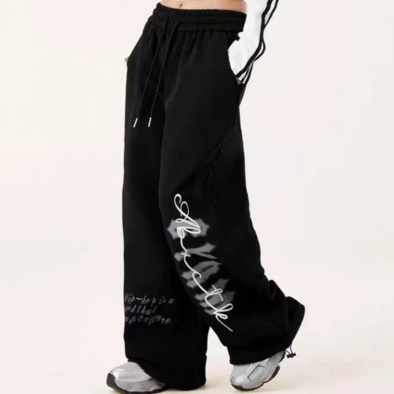 Amerykańskie spodnie sportowe damskie w stylu vintage, szerokie nogawki, modne trendy streetwear, styl koreański, spodnie do tańca.
