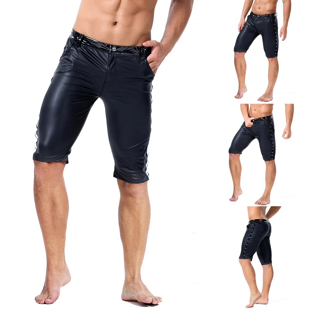 Mens Sexy Lingerie Tight Leather Shorts Nightclub Low Waist Elasticity Slim Fit